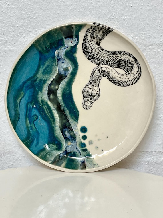 snake plate | Ceramic stoneware glazed Blue, Green, Black and white printed transfer OOAK 2 choices
