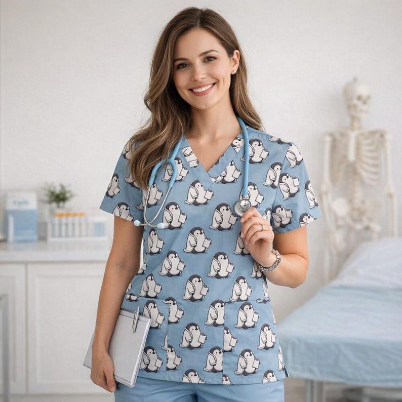 Uniforme médico azul agua con diseño de pingüino, ideal como regalo para la Semana de la Enfermería, Día de la Madre, ropa sanitaria, camisa de cuello en V. imagen 1