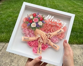 Personalize Mom Holding Hand Shadow Box, Custom Heart Shaped Flower Shadowbox,Mothers Day Gift for Mom Nana Grandma