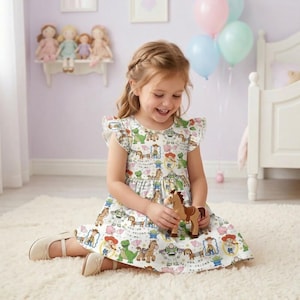 Könnte beinhalten: Ein weißes Kleid mit einem farbenfrohen Toy Story-Print, der Charaktere wie Woody und Buzz Lightyear zeigt. Das Kleid hat flatternde Ärmel und einen gerüschten Rock. Ein junges Mädchen hält ein braunes Spielzeugpferd. Der Hintergrund umfasst Ballons und ein weißes Bett.