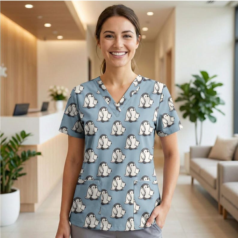 Uniforme médico azul agua con diseño de pingüino, ideal como regalo para la Semana de la Enfermería, Día de la Madre, ropa sanitaria, camisa de cuello en V. imagen 2