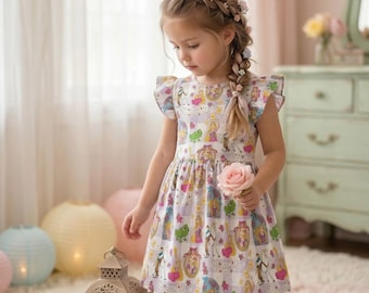 Abito a balze Rapunzel Pascal a quadri viola, abito a ruota ispirato all'avventura di Rapunzel - L'intreccio della torre, abbigliamento per vacanze e compleanno da principessa perduta.