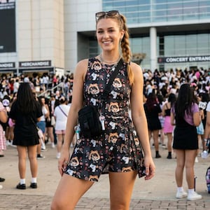 May include: A black romper with a cartoon character print, featuring a sleeveless top and shorts with a pleated skirt overlay. The outfit is accessorized with a black crossbody bag and silver jewelry. The background shows a crowd of people and a concert entrance.