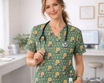Uniforme médico verde de enfermera con adorable Winnie the Pooh, regalo para mamá de la Semana de la Enfermería con diseño de tarro de miel, camisa médica pediátrica inspirada en Disney.
