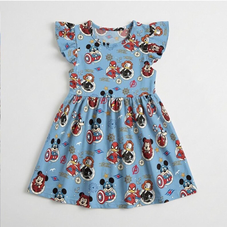 Blue Comic Hero Ruffle Dress, Marvel Avengers Day at Sea Outfit, Spider-Man Captain America Costume, Disney Cruise Trip Toddler image 4