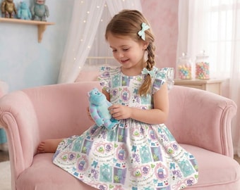 Cute Monsters Inc Coquette Ruffle Dress, Mike Sulley Boo Frame Outfit, Disney Birthday Girl Toddler Summer Vacation Twirl Dress Gift Gear