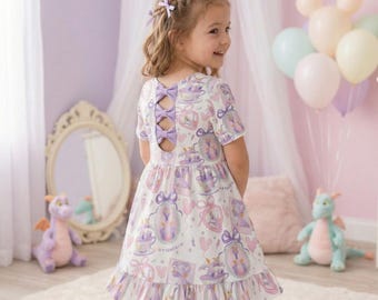 Vestido infantil con lazo en la espalda y estampado de dragón de Figment en acuarela, ideal para cumpleaños en el Festival de las Artes de EPCOT, color púrpura.