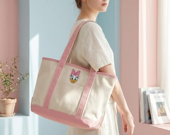 Embroidered Disney Daisy Duck Tote Bag, Custom Embroidered Canvas Tote Bag, Theme Park Tote, Gift for Her, Cute Embroidery Bag, Vacation Bag