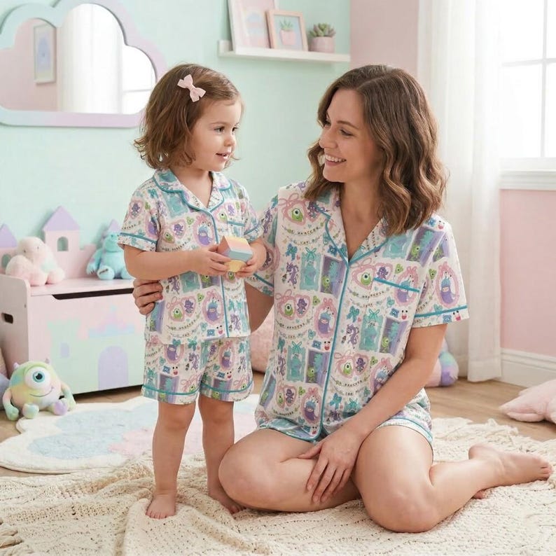 Pijama estético de Monsters Inc., pijama de Mike Sulley con lazo coqueto, pijamas Disney en tonos pastel para mujer y niña, ropa de estar por casa con lazo rosa 2026 imagen 1