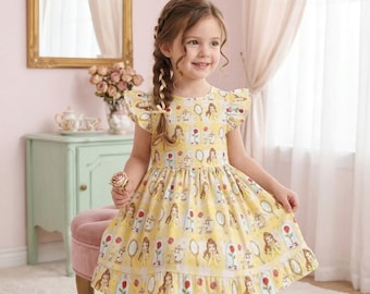Yellow Gingham Watercolor Belle Ruffle Dress, Beauty and the Beast Rose Twirl Dress, Enchanted Tale Boutique Birthday Girl Summer Gear