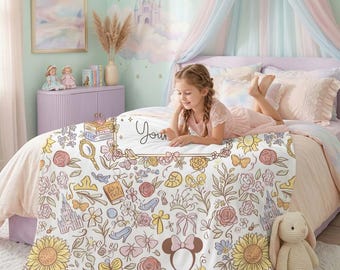 Whimsical Princess Floral Custom Blanket for Kids, Personalized Name Cottagecore Fairytale Bedding, Magical Rose Carriage Nursery Gift