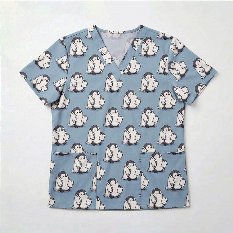 Uniforme médico azul agua con diseño de pingüino, ideal como regalo para la Semana de la Enfermería, Día de la Madre, ropa sanitaria, camisa de cuello en V. imagen 5