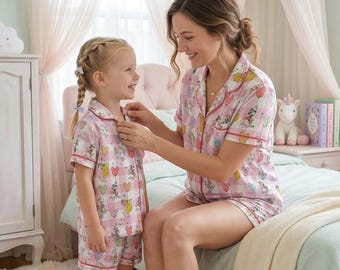 Ginghamroze Disney-pyjama, Mickey Balloon Coquette Aesthetic pyjama, mama en ik Moederdagcadeau 2026, pastelkleurige geruite nachtkleding