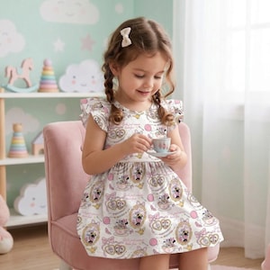 May include: A young girl wearing a white dress with a Minnie Mouse print, holding a teacup and saucer. The dress features a repeating pattern of Minnie Mouse in teacups, bows, and pearls. The dress has flutter sleeves and a fitted waist.