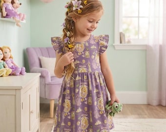 Magical Rapunzel Purple Coquette Ruffle Dress, Tangled Mirror Lantern Bow Outfit, Princess Birthday Girl Summer Vacation Skirt Gear Gift
