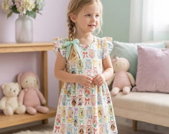 Beauty Disney Princess Mirror Coquette Ruffle Dress, Ariel Belle Cinderella Bow Outfit, Birthday Girl Summer Vacation Twirl Dress Gift Gear