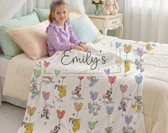 Personalized Mickey and Friends Balloon Blanket for Kids, Custom Name Baby Throw, Magical Watercolor Nursery Decor, Birthday Gift