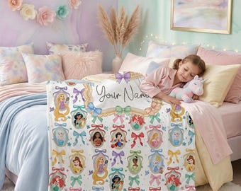 Elegant Princess Mirror Coquette Custom Blanket, Personalized Name Magical Characters Bedding, Fairytale Bow Nursery Throw for Kids