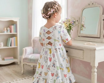 Verspielte Micky Freunde Ballon Bowtie Zurück Kleid Kinder, Aquarell Geburtstagsfeier Outfit, Disneyland Sommerferien Kleidung 2026