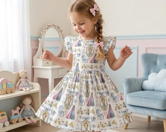 Icy Frozen Elsa Watercolor Coquette Ruffle Dress, Princess Mirror Bow Twirl Dress, Winter Magic Birthday Girl Boutique Vacation Apparel