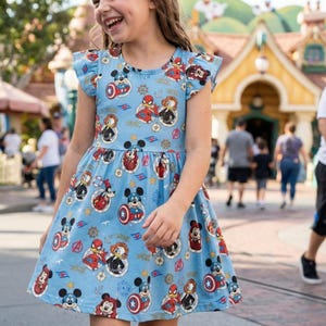 Blue Comic Hero Ruffle Dress, Marvel Avengers Day at Sea Outfit, Spider-Man Captain America Costume, Disney Cruise Trip Toddler image 1