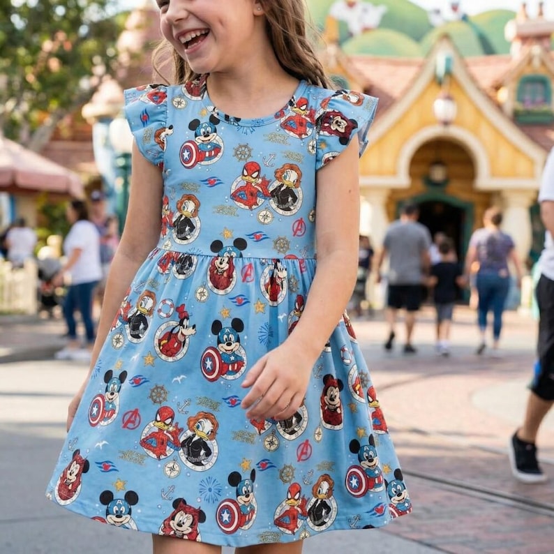 Blue Comic Hero Ruffle Dress, Marvel Avengers Day at Sea Outfit, Spider-Man Captain America Costume, Disney Cruise Trip Toddler image 1