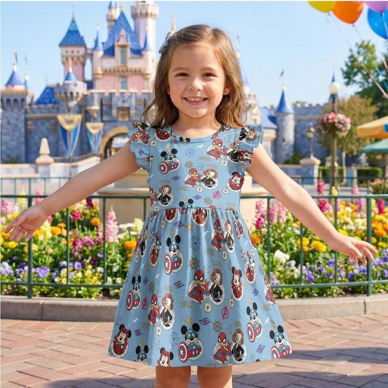 Blue Comic Hero Ruffle Dress, Marvel Avengers Day at Sea Outfit, Spider-Man Captain America Costume, Disney Cruise Trip Toddler image 3