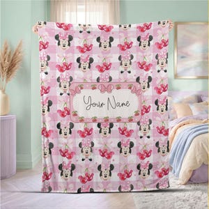 Sweet Personalized Minnie Mouse Cherry Blanket, Custom Name Pink Plaid Coquette Throw, Baby Girl Nursery Decor Birthday Gif image 1
