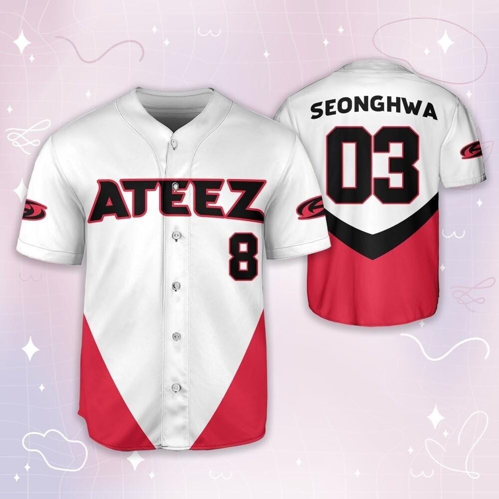 Custom Ateez White and Red Baseball Jersey, Kpop Merch