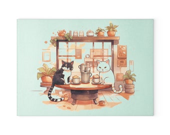 Peut inclure: Planche à découper rectangulaire avec une illustration de deux chats à une table avec des tasses à café. L'un des chats est noir et blanc, l'autre est blanc. L'arrière-plan comprend une fenêtre, des plantes et du matériel à café.