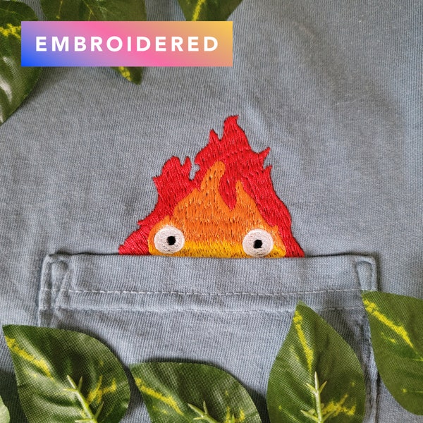 Calcifer Pocket Shirt | Anime Embroidered Unisex Pocket Tee | Fire Demon Pocket Shirt