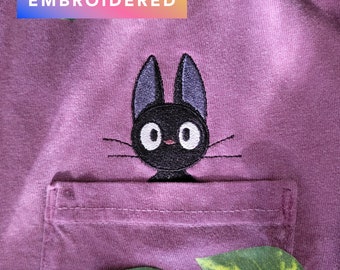 Jiji Cat Pocket Shirt | Anime Embroidered Unisex Pocket Tee | Kikis Delivery Service Cat Pocket Shirt