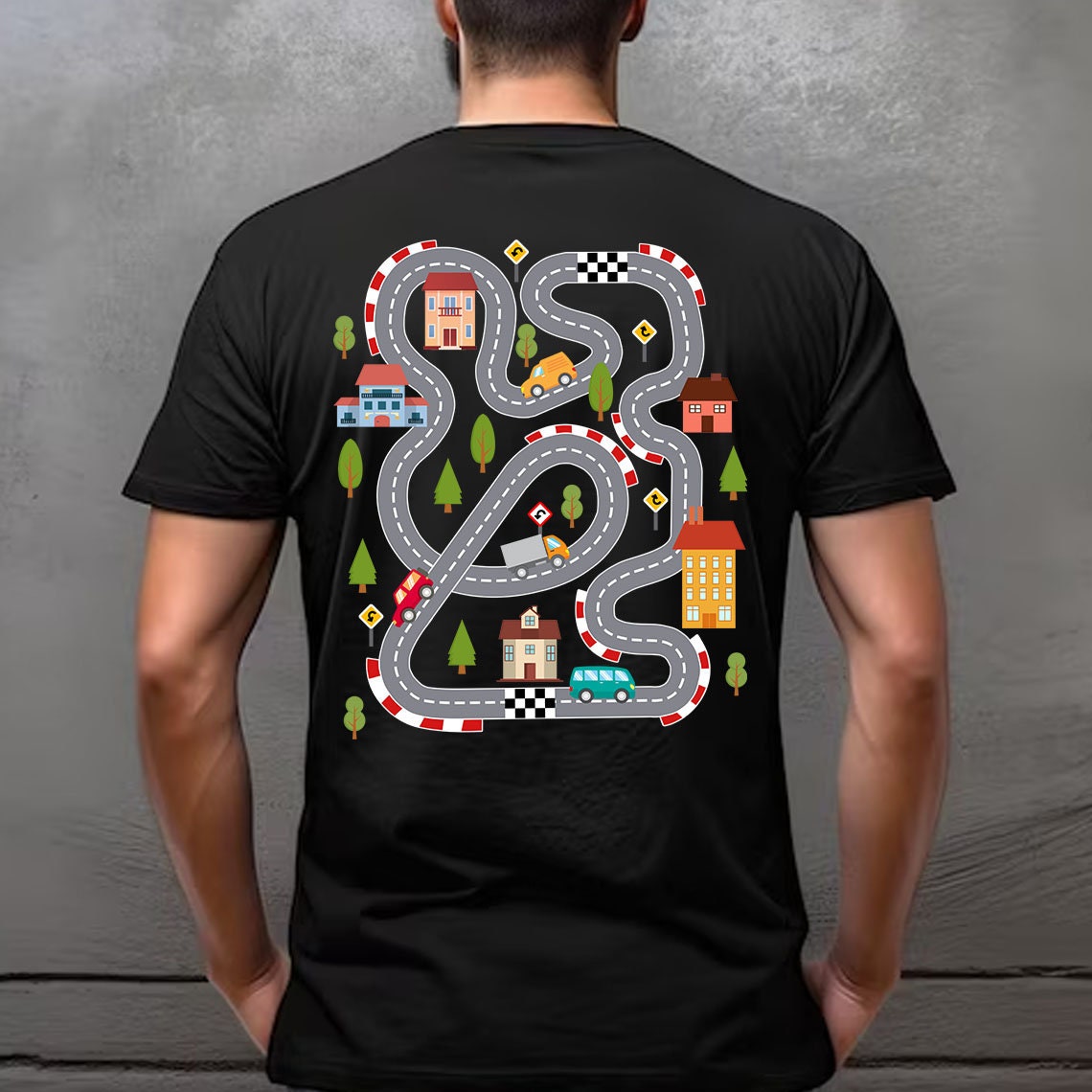 Play Car Race on Dad's Back, Mat Road Car Race Track T-shirt, Dad Mom