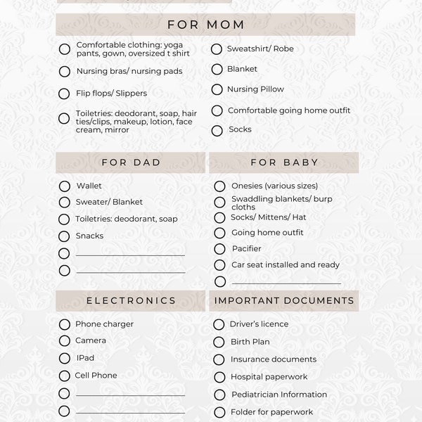 Hospital Bag Checklist for Expectant Mothers | Essential Birth Preparation PDF | Instant Digital Download