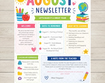 Editable August Elementary School Newsletter Canva Template | Back to School Classroom Newsletter | Teacher Parent Communication