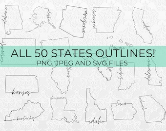 Paquete completo de contornos de los 50 estados de EE. UU. / Archivos PNG, SVG y JPEG / Compatible con Cricut y Silhouette / Descarga digital