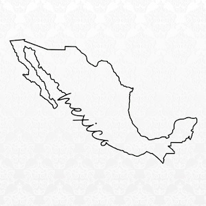 Könnte beinhalten: Eine schwarze Umrisszeichnung des Landes Mexiko, mit dem Wort "Mexiko" in Schreibschrift. Das Bild ist vor einem weißen Hintergrund mit einem dezenten, sich wiederholenden Muster platziert.