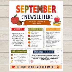 May include: A September newsletter template featuring autumn-themed graphics including apples, acorns, and colorful leaves. The document includes sections for welcome messages, dates to remember, classroom reminders, and a note from the teacher.