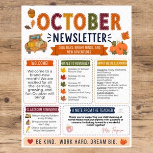 May include: An October newsletter template featuring autumn-themed graphics like pumpkins, acorns, and leaves. The text includes sections for welcome, dates to remember, learning goals, classroom reminders, and a note from the teacher, ending with Be Kind.