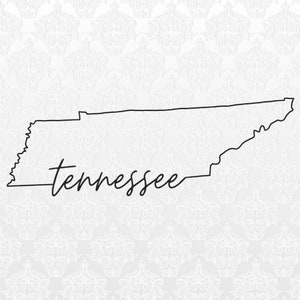 May include: Outline of the state of Tennessee with the word "Tennessee" written in cursive underneath.