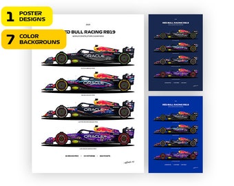 F1 Red Bull RB19, 4 Special Livery, Max Verstappen car, World Champion 2023 - Vector illustration style poster, 7 poster variants