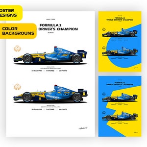 F1 Renault R25 and Renault R26, Fernando Alonso car 2005, 2006, World Champion 2005, 2006 - Vector illustration style poster, 31 variants