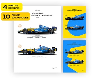 F1 Renault R25 y Renault R26, coche de Fernando Alonso 2005, 2006, Campeón del Mundo 2005, 2006 - Afiche de ilustración vectorial, 31 variantes de afiche