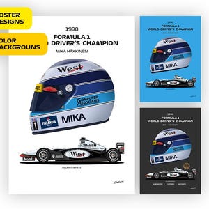 F1 McLaren MP4-13 car and Helmet Mika Häkkinen World Champion 1998 - Vector illustration style poster, 18 poster variants, gift