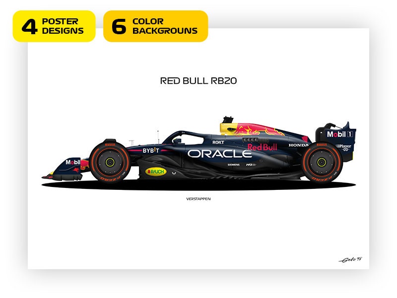 F1 Red Bull RB20, Verstappen Max car 2024 - Vector illustration style poster, 24 poster variants