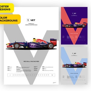F1 Red Bull RB9, Sebastian Vettel car, World Champion 2013 - Vector illustration style poster, 44 poster variants