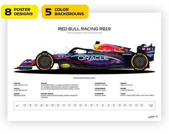 F1 Red Bull RB19, Miami GP Livery, Max Verstappen car, World Champion 2023 - Vector illustration style poster, 48 poster variants