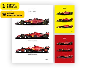 Póster del Ferrari F1 de Charles Leclerc: Ilustración vectorial 2022-2024, Ferrari F1-75, SF-23, SF-24