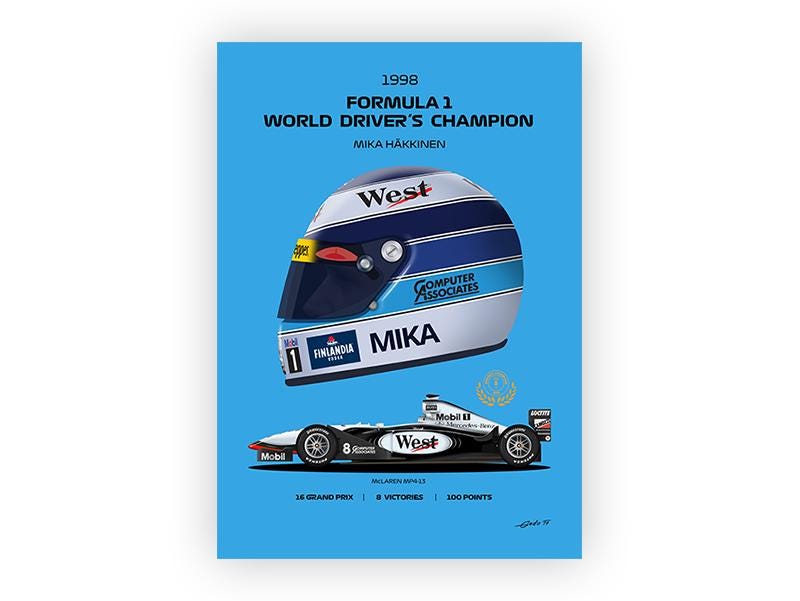 Mika Häkkinen 1998 Mclaren MP4-13 F1 Car Poster: Vector Art Print