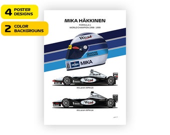 F1 McLaren MP4-13, MP4-14 Mika Häkkinen World Champion 1998, 1999 - Vector illustration style poster, 4 poster variants, cars and helmet